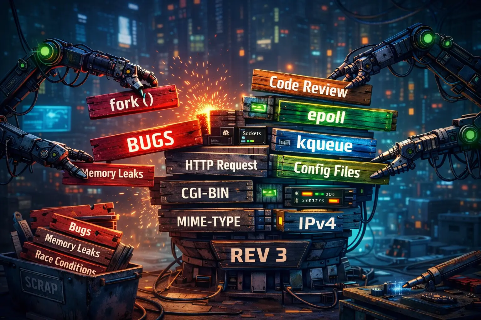 robot arms removing and inserting labeled pieces of wood on a webserver 
