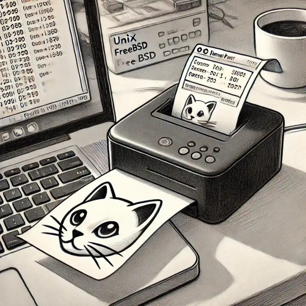 A generated image of a label printer being used on a FreeBSD system